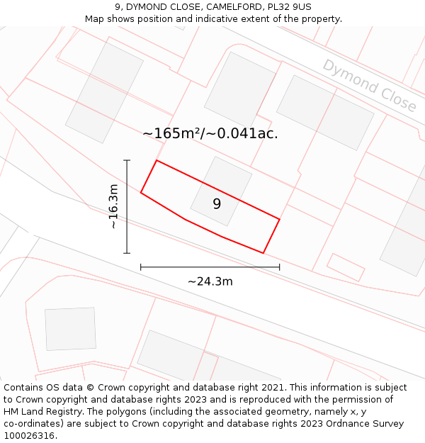9, DYMOND CLOSE, CAMELFORD, PL32 9US: Plot and title map