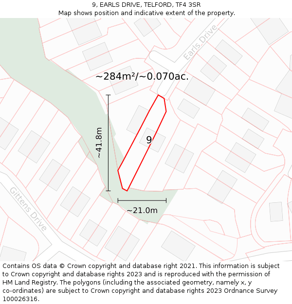 9, EARLS DRIVE, TELFORD, TF4 3SR: Plot and title map