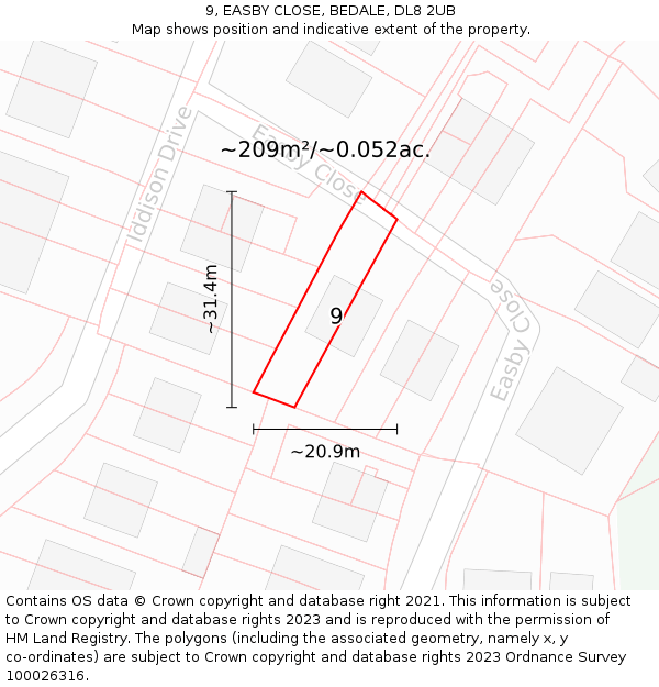 9, EASBY CLOSE, BEDALE, DL8 2UB: Plot and title map