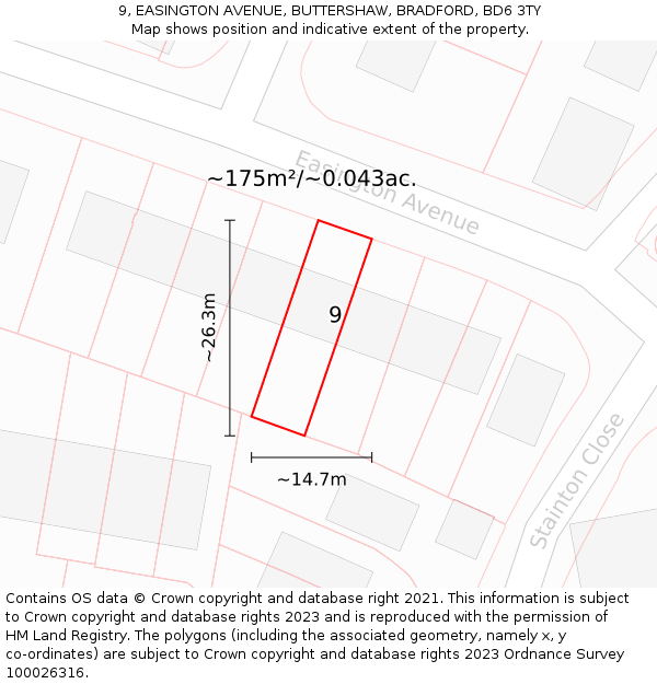 9, EASINGTON AVENUE, BUTTERSHAW, BRADFORD, BD6 3TY: Plot and title map