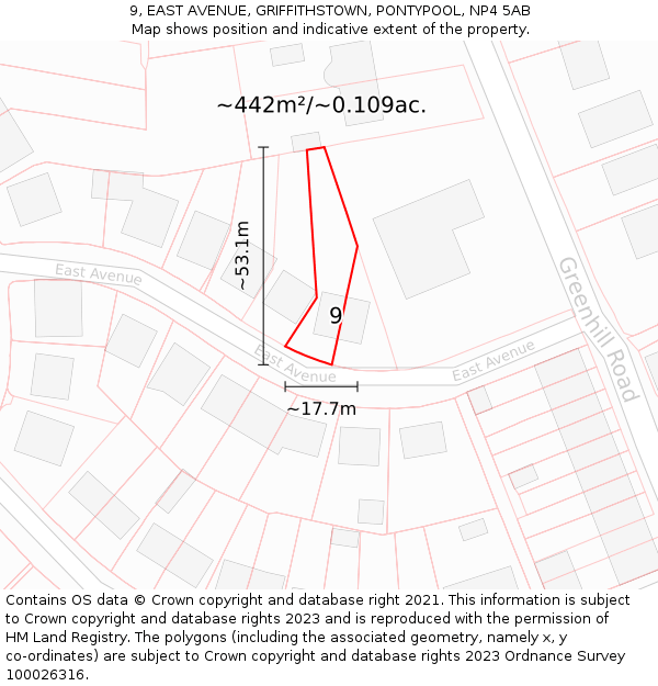 9, EAST AVENUE, GRIFFITHSTOWN, PONTYPOOL, NP4 5AB: Plot and title map