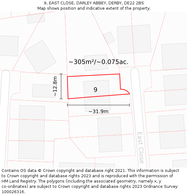 9, EAST CLOSE, DARLEY ABBEY, DERBY, DE22 2BS: Plot and title map