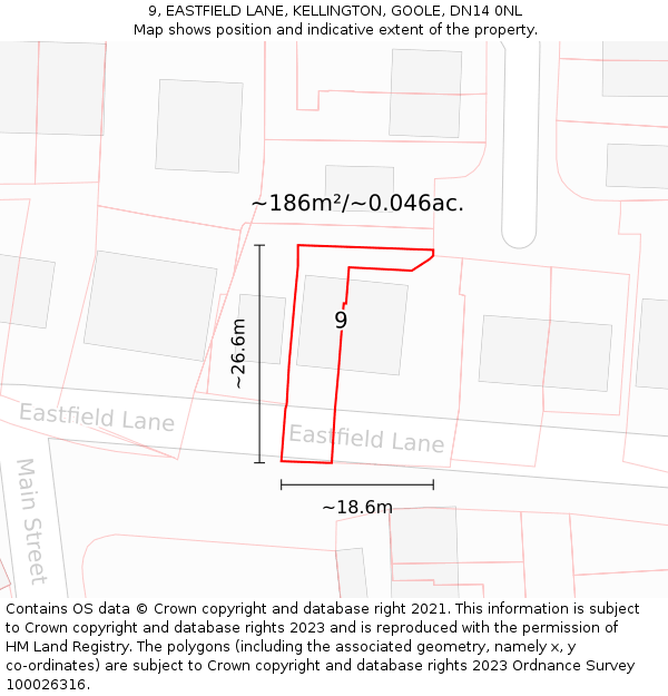 9, EASTFIELD LANE, KELLINGTON, GOOLE, DN14 0NL: Plot and title map