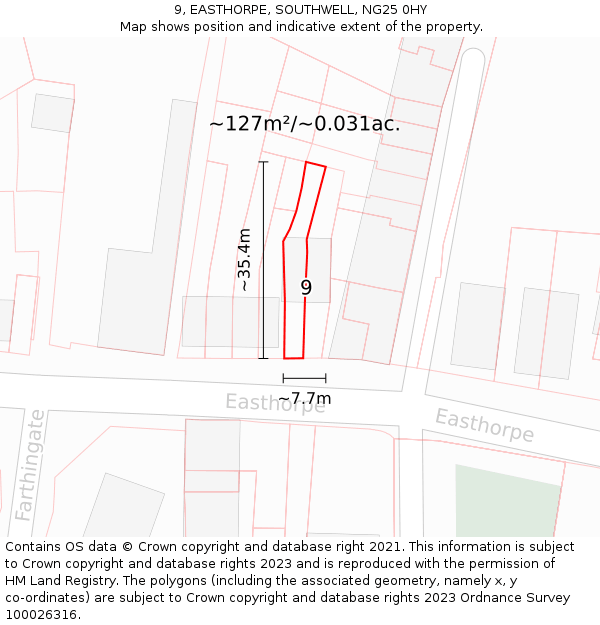9, EASTHORPE, SOUTHWELL, NG25 0HY: Plot and title map