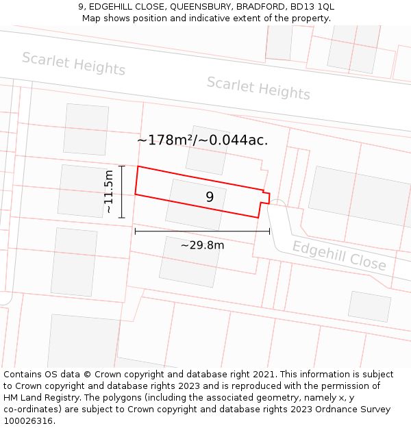 9, EDGEHILL CLOSE, QUEENSBURY, BRADFORD, BD13 1QL: Plot and title map