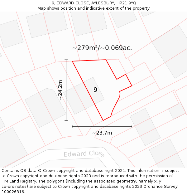 9, EDWARD CLOSE, AYLESBURY, HP21 9YQ: Plot and title map