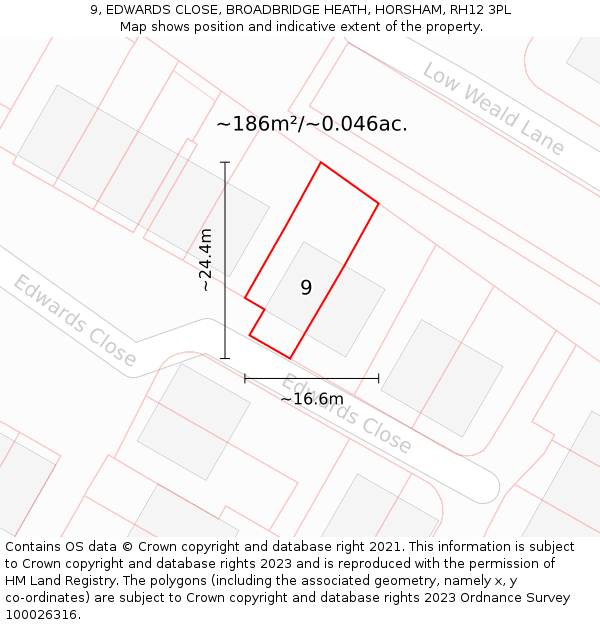 9, EDWARDS CLOSE, BROADBRIDGE HEATH, HORSHAM, RH12 3PL: Plot and title map