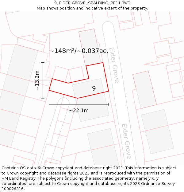 9, EIDER GROVE, SPALDING, PE11 3WD: Plot and title map