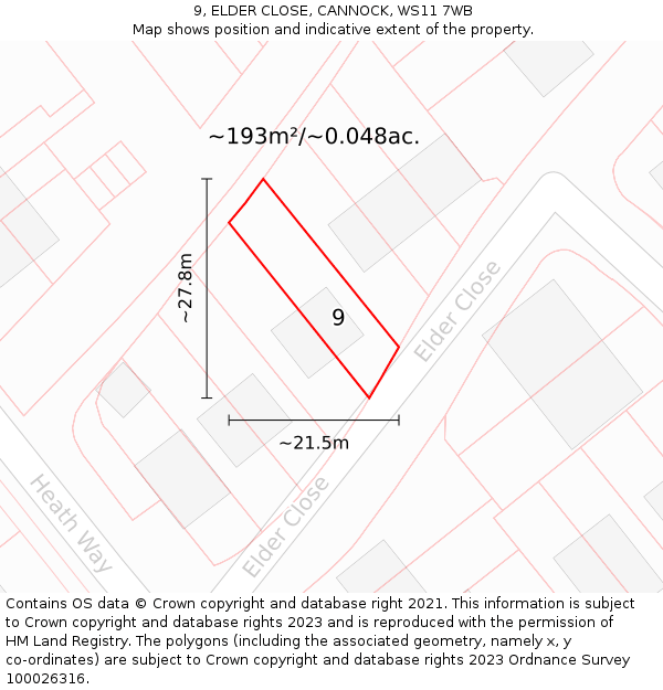 9, ELDER CLOSE, CANNOCK, WS11 7WB: Plot and title map