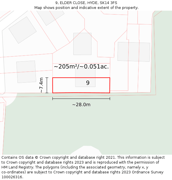 9, ELDER CLOSE, HYDE, SK14 3FS: Plot and title map
