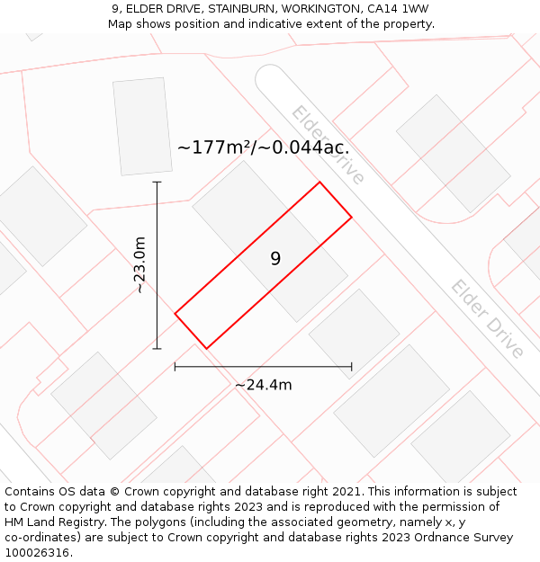 9, ELDER DRIVE, STAINBURN, WORKINGTON, CA14 1WW: Plot and title map