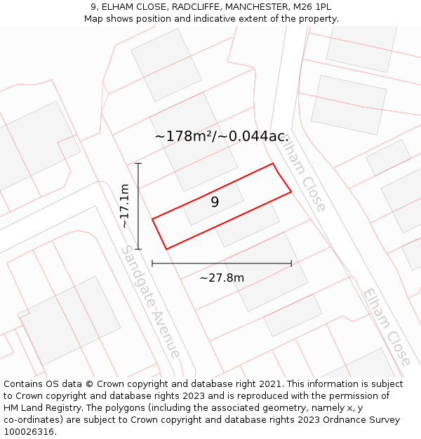 9, ELHAM CLOSE, RADCLIFFE, MANCHESTER, M26 1PL: Plot and title map