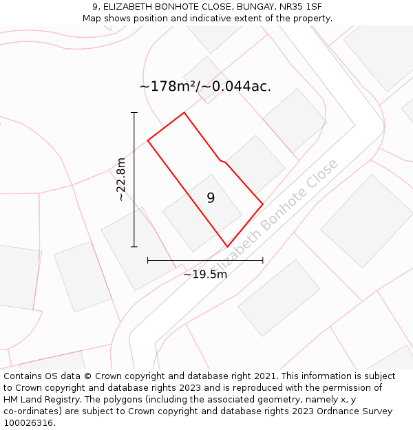 9, ELIZABETH BONHOTE CLOSE, BUNGAY, NR35 1SF: Plot and title map