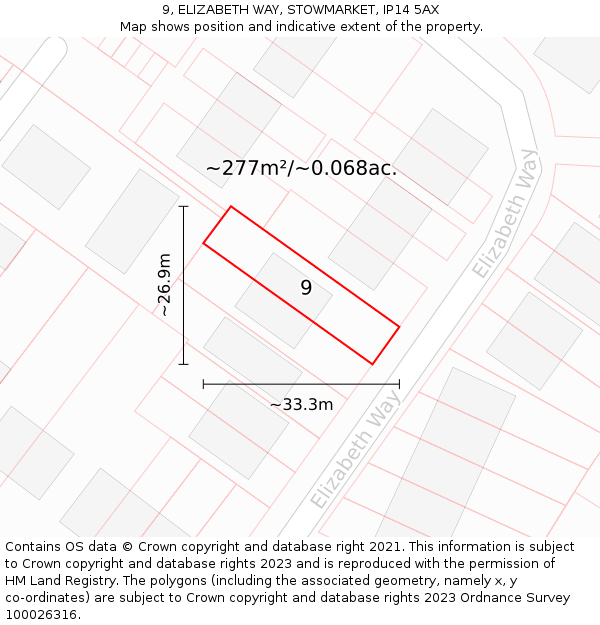 9, ELIZABETH WAY, STOWMARKET, IP14 5AX: Plot and title map