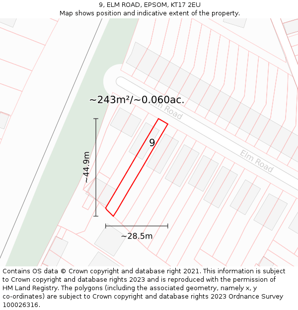 9, ELM ROAD, EPSOM, KT17 2EU: Plot and title map
