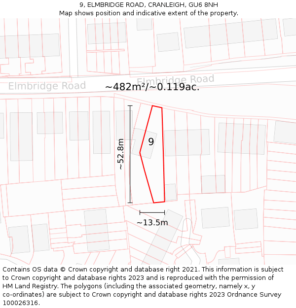 9, ELMBRIDGE ROAD, CRANLEIGH, GU6 8NH: Plot and title map