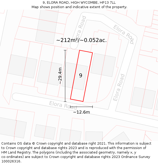 9, ELORA ROAD, HIGH WYCOMBE, HP13 7LL: Plot and title map