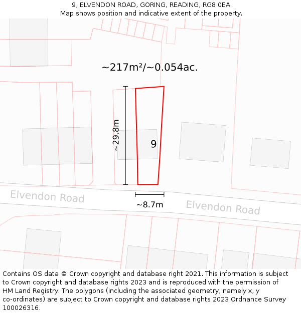 9, ELVENDON ROAD, GORING, READING, RG8 0EA: Plot and title map