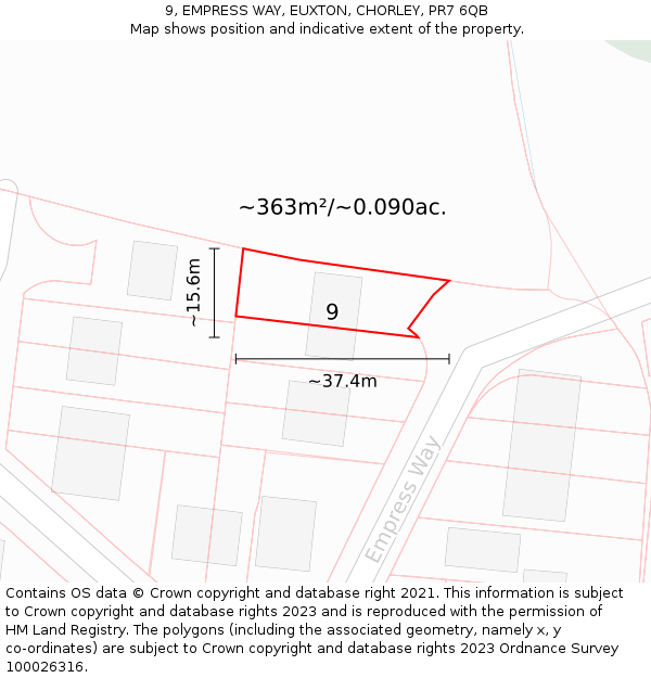 9, EMPRESS WAY, EUXTON, CHORLEY, PR7 6QB: Plot and title map