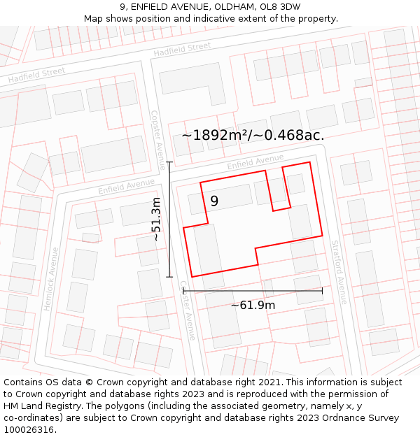 9, ENFIELD AVENUE, OLDHAM, OL8 3DW: Plot and title map