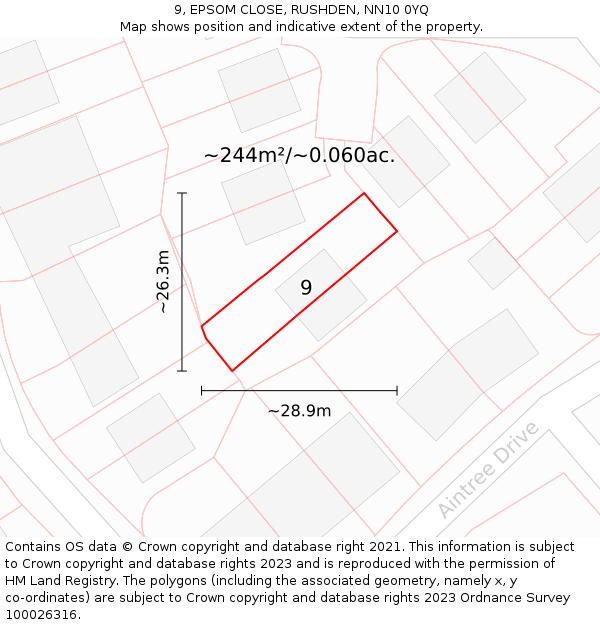 9, EPSOM CLOSE, RUSHDEN, NN10 0YQ: Plot and title map