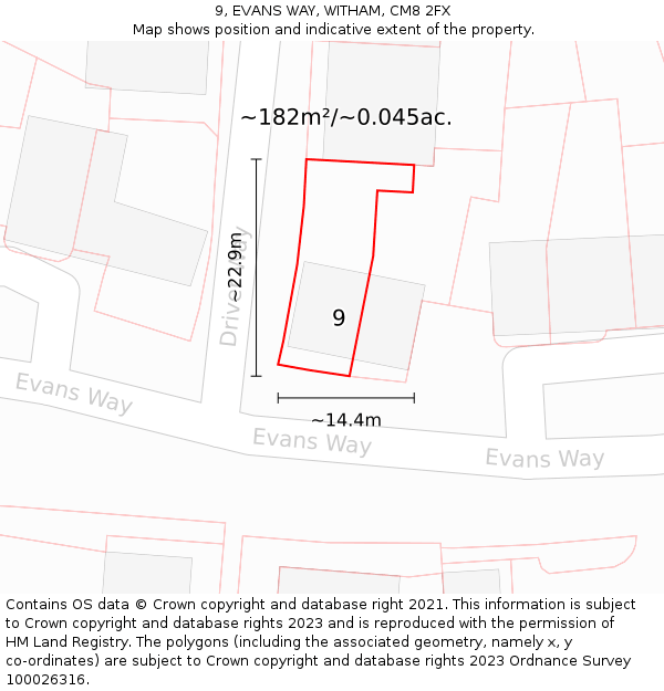 9, EVANS WAY, WITHAM, CM8 2FX: Plot and title map