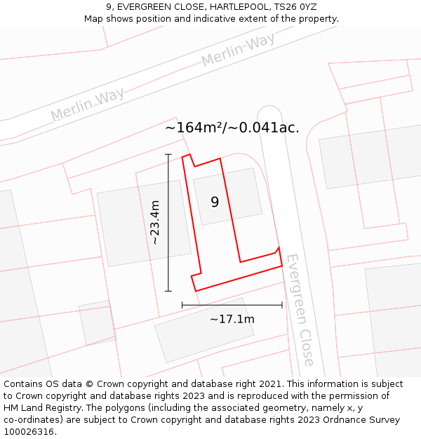 9, EVERGREEN CLOSE, HARTLEPOOL, TS26 0YZ: Plot and title map