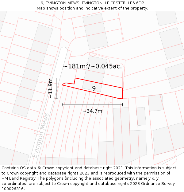 9, EVINGTON MEWS, EVINGTON, LEICESTER, LE5 6DP: Plot and title map