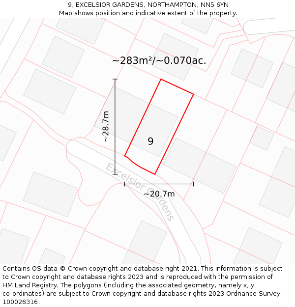 9, EXCELSIOR GARDENS, NORTHAMPTON, NN5 6YN: Plot and title map