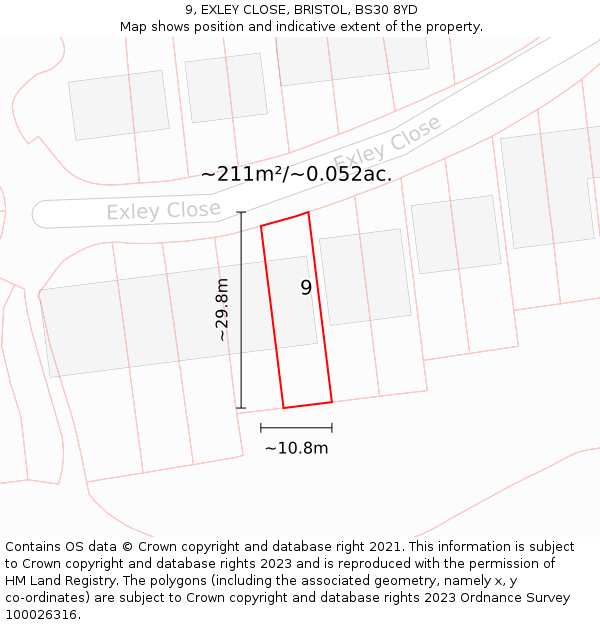 9, EXLEY CLOSE, BRISTOL, BS30 8YD: Plot and title map