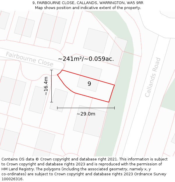 9, FAIRBOURNE CLOSE, CALLANDS, WARRINGTON, WA5 9RR: Plot and title map