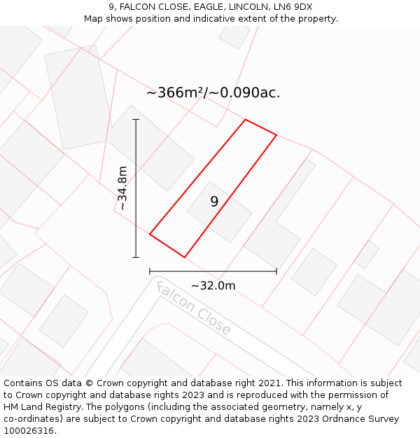 9, FALCON CLOSE, EAGLE, LINCOLN, LN6 9DX: Plot and title map