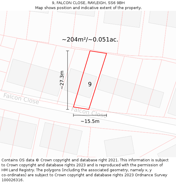 9, FALCON CLOSE, RAYLEIGH, SS6 9BH: Plot and title map