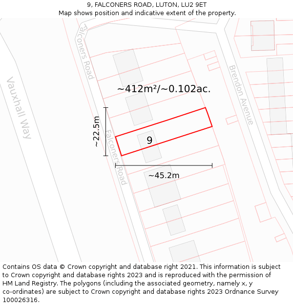9, FALCONERS ROAD, LUTON, LU2 9ET: Plot and title map