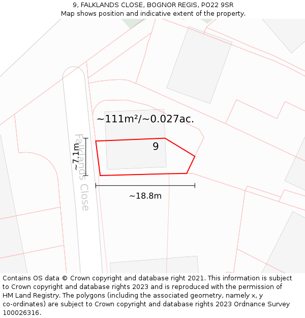 9, FALKLANDS CLOSE, BOGNOR REGIS, PO22 9SR: Plot and title map
