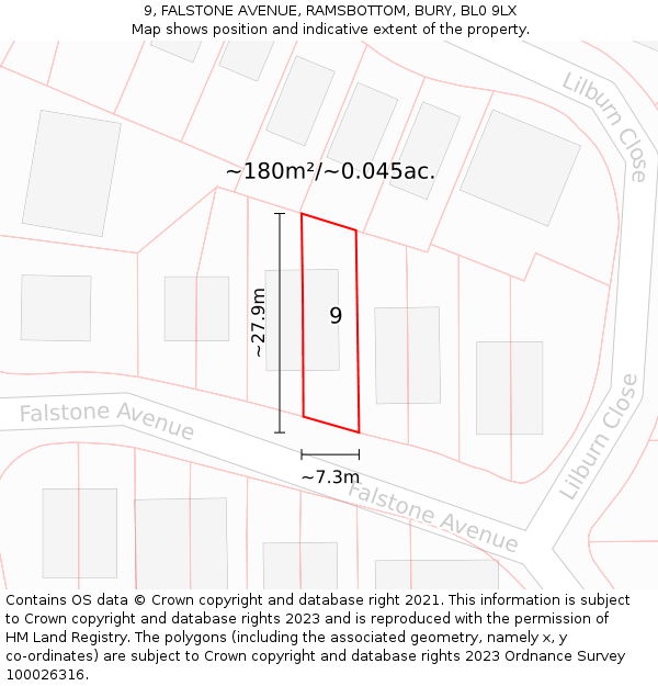 9, FALSTONE AVENUE, RAMSBOTTOM, BURY, BL0 9LX: Plot and title map