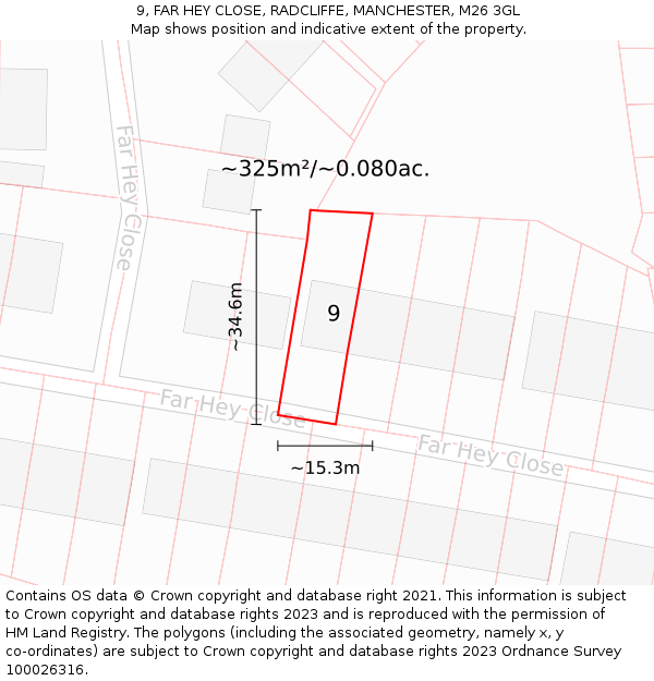 9, FAR HEY CLOSE, RADCLIFFE, MANCHESTER, M26 3GL: Plot and title map