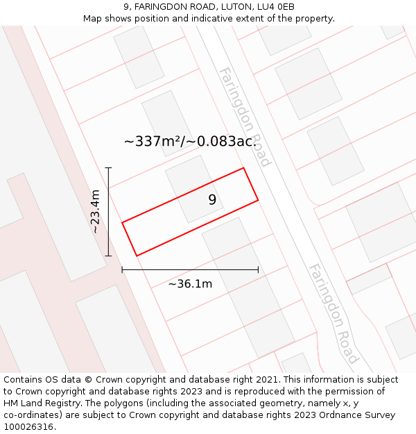 9, FARINGDON ROAD, LUTON, LU4 0EB: Plot and title map