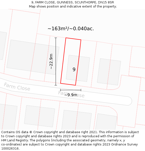 9, FARM CLOSE, GUNNESS, SCUNTHORPE, DN15 8SR: Plot and title map