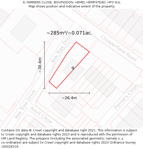 9, FARRIERS CLOSE, BOVINGDON, HEMEL HEMPSTEAD, HP3 0UL: Plot and title map