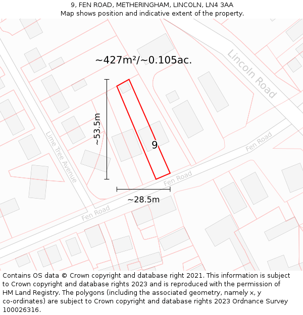 9, FEN ROAD, METHERINGHAM, LINCOLN, LN4 3AA: Plot and title map