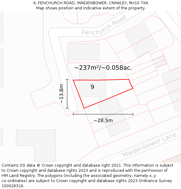 9, FENCHURCH ROAD, MAIDENBOWER, CRAWLEY, RH10 7XA: Plot and title map