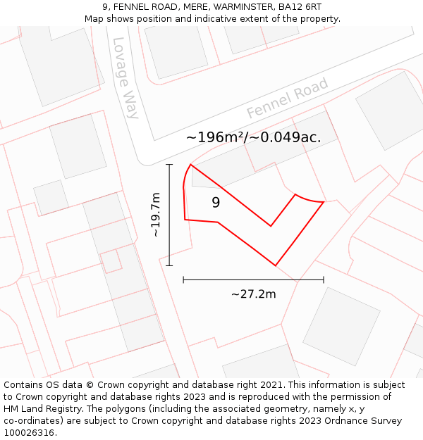 9, FENNEL ROAD, MERE, WARMINSTER, BA12 6RT: Plot and title map
