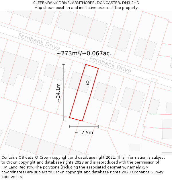 9, FERNBANK DRIVE, ARMTHORPE, DONCASTER, DN3 2HD: Plot and title map