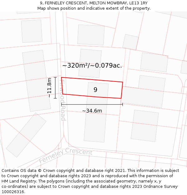 9, FERNELEY CRESCENT, MELTON MOWBRAY, LE13 1RY: Plot and title map