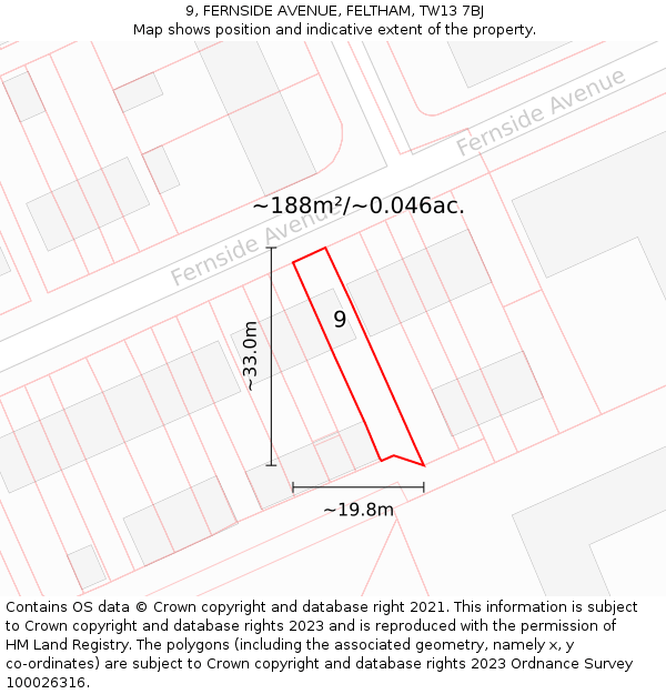 9, FERNSIDE AVENUE, FELTHAM, TW13 7BJ: Plot and title map