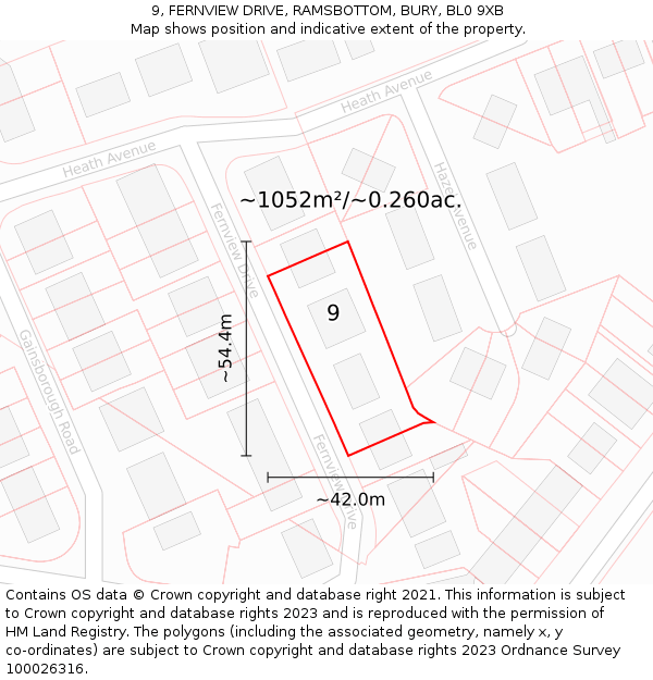 9, FERNVIEW DRIVE, RAMSBOTTOM, BURY, BL0 9XB: Plot and title map