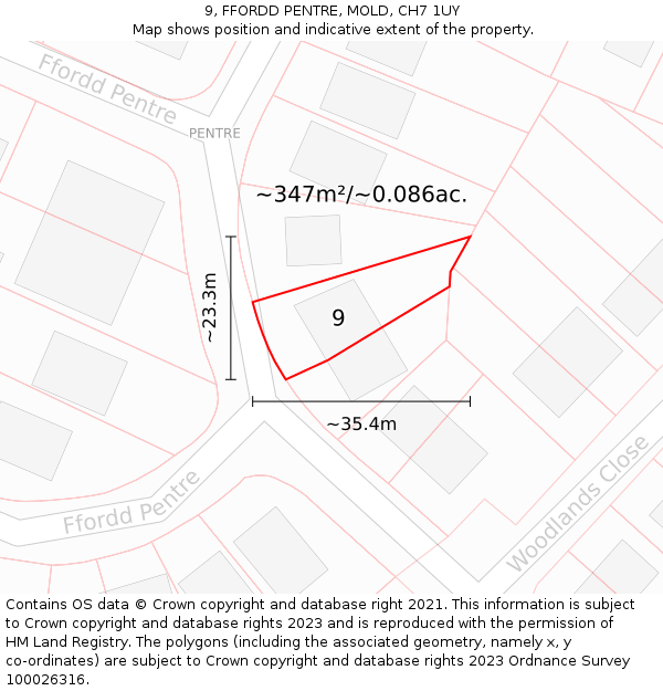 9, FFORDD PENTRE, MOLD, CH7 1UY: Plot and title map