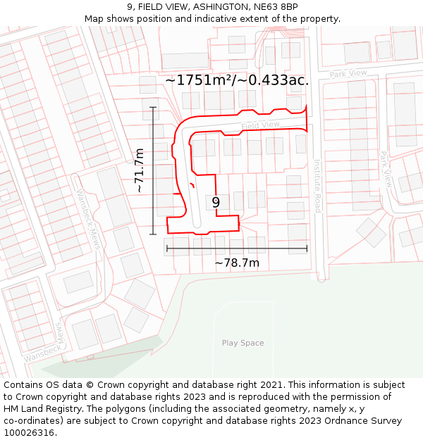 9, FIELD VIEW, ASHINGTON, NE63 8BP: Plot and title map