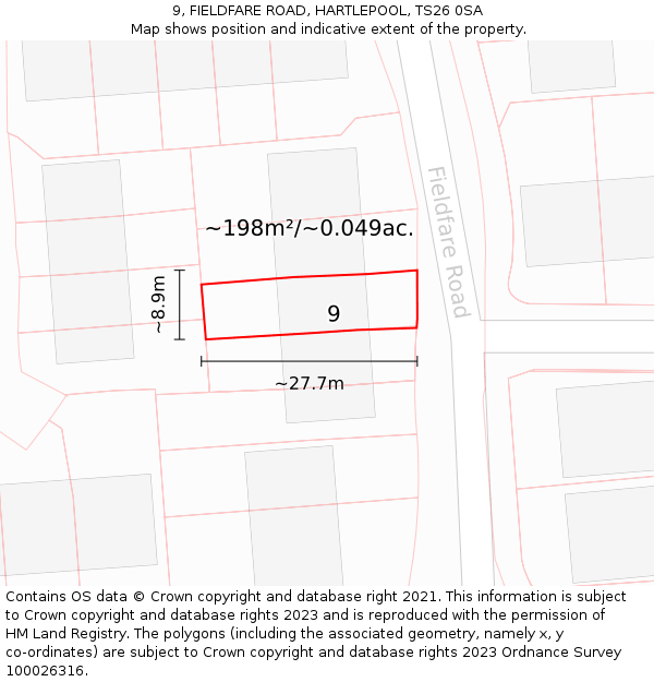 9, FIELDFARE ROAD, HARTLEPOOL, TS26 0SA: Plot and title map